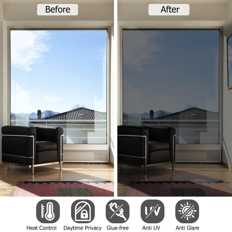 HIDBEA One Way Window Film, Daytime Privacy Sun Blocking Reflective Window Film No Glue Static Cling Heat Control Window Tinting Film for Home and Office, Black-Silver, 35.4 x 78.7 Inch - Image 4
